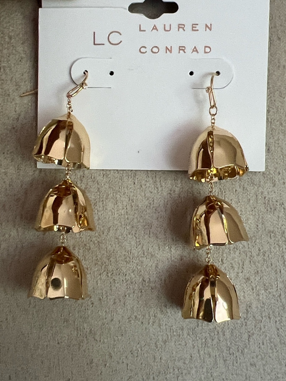 NWT LC Lauren Conrad Shiny Gold Triple Bell Drop Earrings